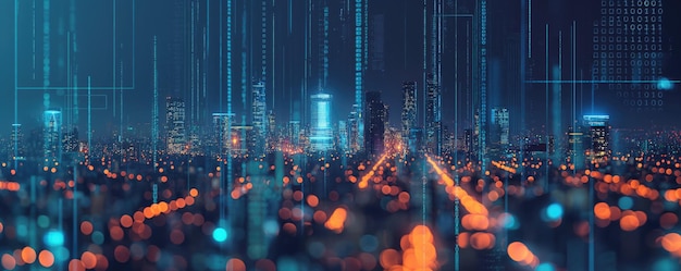 Futuristic Digital Cityscape with Neon Lights and Binary Code Elements in a Modern Urban Setting