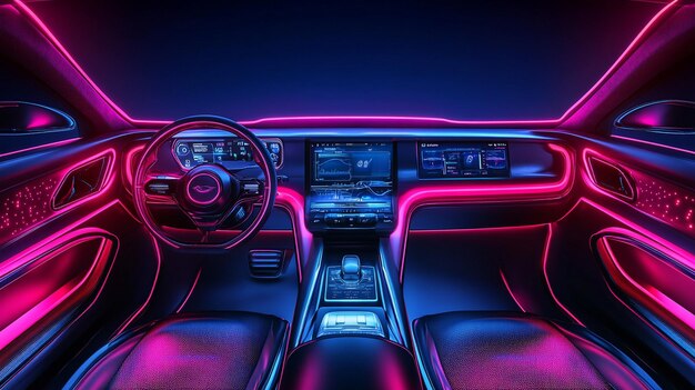 Futuristic Digital Dashboard in Car Interior with Neon Lights