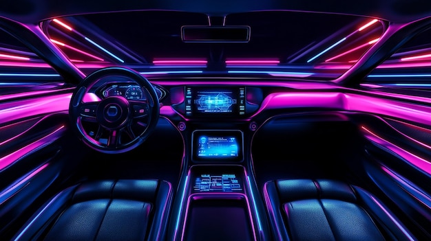 Futuristic Digital Dashboard Inside Car with Neon Lights