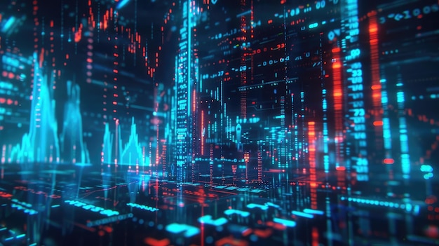 Futuristic digital data visualization with neon blue and red lights showcasing modern technology and abstract information flow