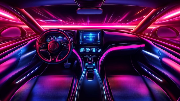 Futuristic Digital Display Car Interior with Neon Lights