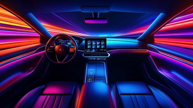 Futuristic Digital Displays in Car Interior with Neon Lights