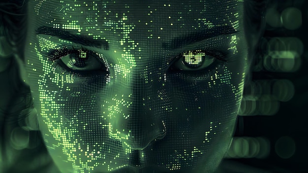 Futuristic Digital Face with Glowing Green Texture and Data