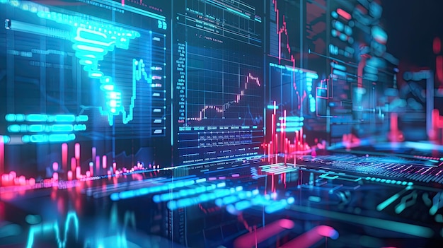 Futuristic digital financial data analysis with holographic charts and graphs showcasing market trends and economic statistics