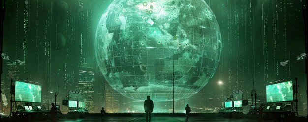 Photo futuristic digital globe in a hightech control room with green holographic displays and cityscape background