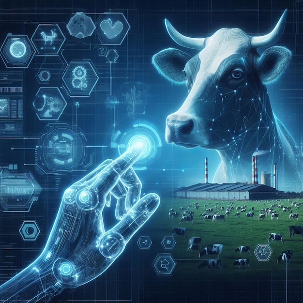 Futuristic digital holographic cow image demonstrates advanced technology in agriculture and veterin