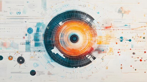 Photo futuristic digital interface with a central glowing white circle surrounded by complex blue and yellow circuitry elements and data streams