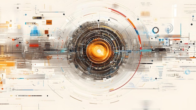 Photo futuristic digital interface with a central glowing white circle surrounded by complex blue and yellow circuitry elements and data streams