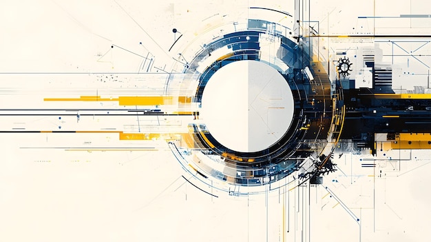 Photo futuristic digital interface with a central glowing white circle surrounded by complex blue and yellow circuitry elements and data streams