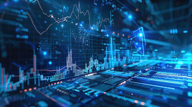 Futuristic digital interface with data visualization financial graphs and charts representing modern technology and business analysis