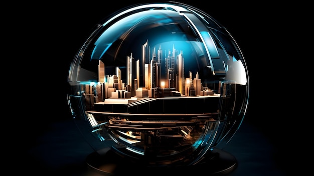 Futuristic Digital Landscape Illuminated by a CircuitEmbellished Glass Sphere