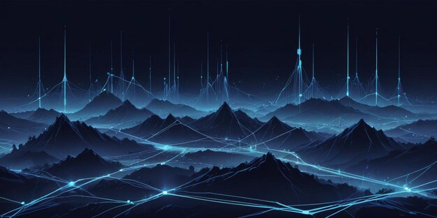 A futuristic digital landscape with a network of glowing lines and dots against a dark blue backgrou