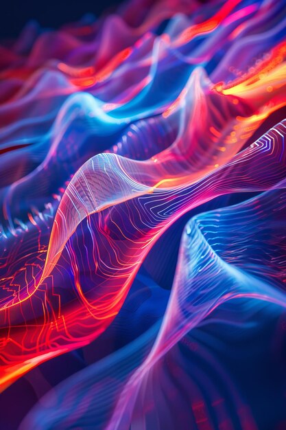 Photo futuristic digital landscape with vibrant blue red neon waves capturing dynamic light movements