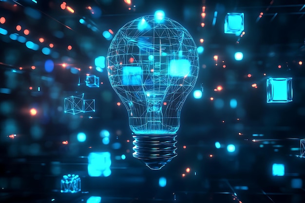 Photo futuristic digital lightbulb made of connected geometric lines and glowing nodes symbolizing innovation creativity and technology in a hightech networked environment