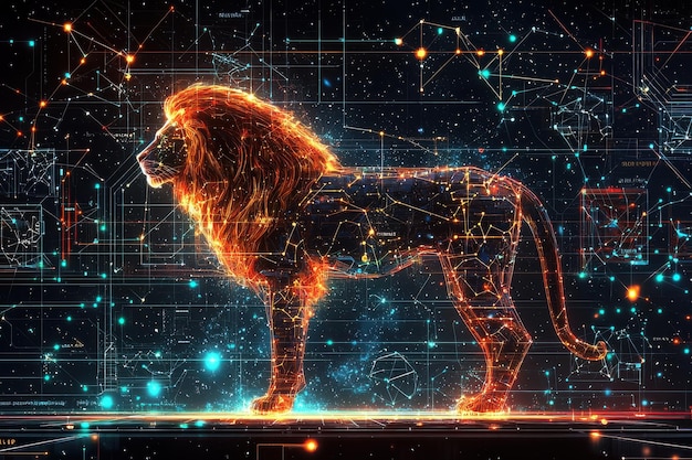 Futuristic digital lion silhouette with glowing energy trails against starry sky