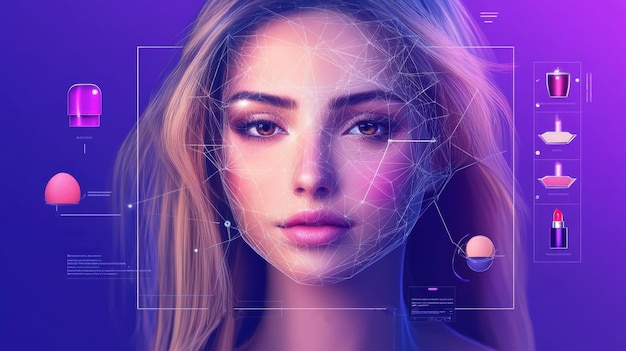 Photo futuristic digital makeup application concept featuring a young woman with virtual cosmetics aidriven beauty technology and holographic interface for personalized skincare and makeup innovation