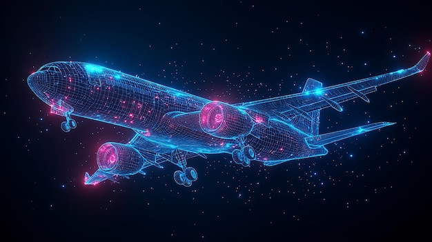 Photo a futuristic digital rendering of an airplane made of glowing lines and dots against a dark blue background