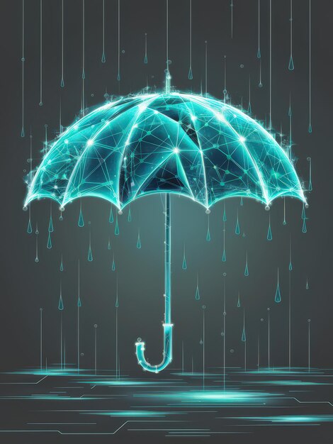 Photo futuristic digital umbrella with neon lights protecting against virtual rain on dark background