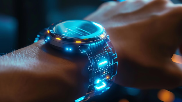 Futuristic digital watch on a mans wrist with glowing blue and orange lights