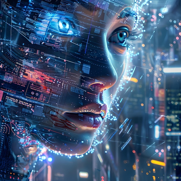 Futuristic Digital Woman Illuminated by City Lights Concept of a futuristic hightech cityscape with a cyborg woman as the central focus