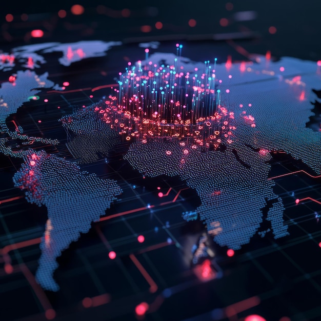 A futuristic digital world map with glowing lines and dots emphasizing global connectivity