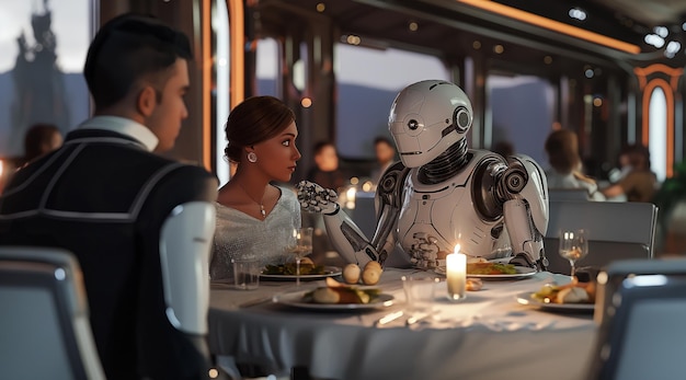 Photo futuristic dining humans and robots sharing a meal in a modern restaurant setting