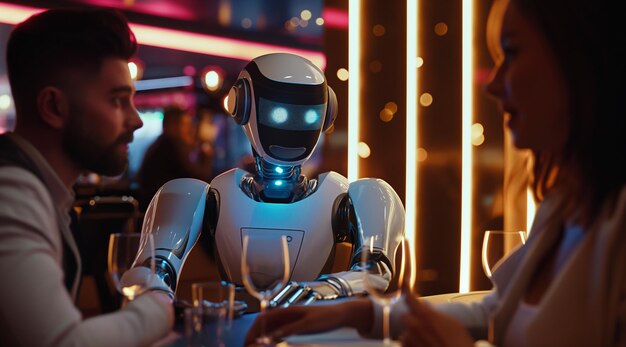 Photo futuristic dining humans and robots sharing a meal in a modern restaurant setting