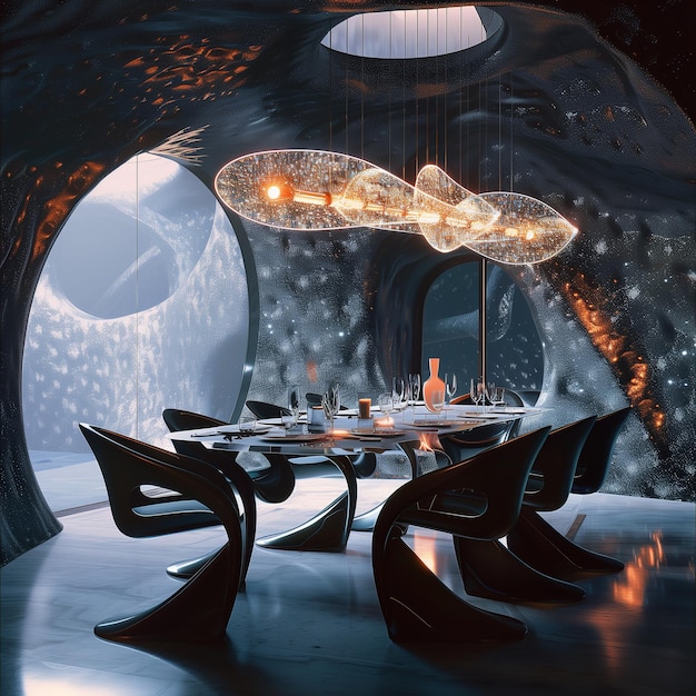 A futuristic dining room with a holo abstract 3D chandelier sophisticated innovative vibrant elegant