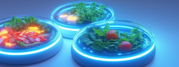 Photo futuristic dining table with integrated touch screens displaying nutritional info soft ambient light