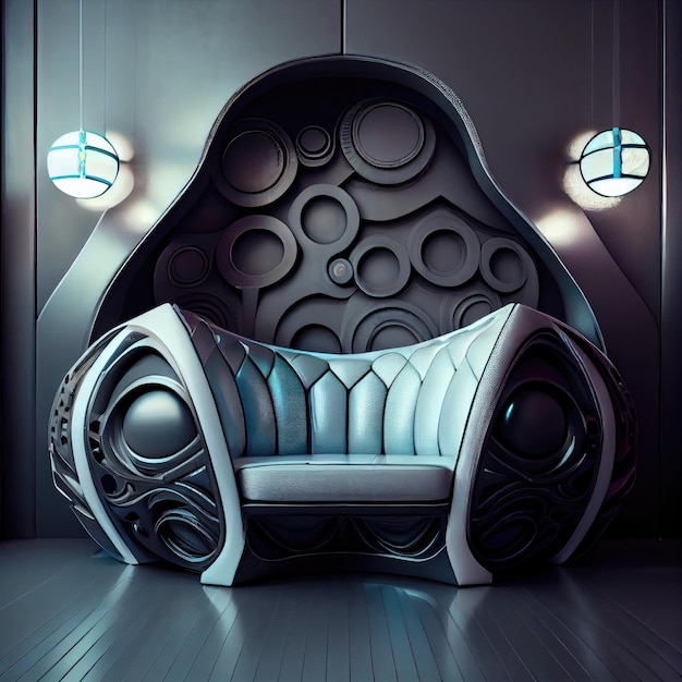 Futuristic divan with backrest and pattern on wall scifi futuristic interior created with generative