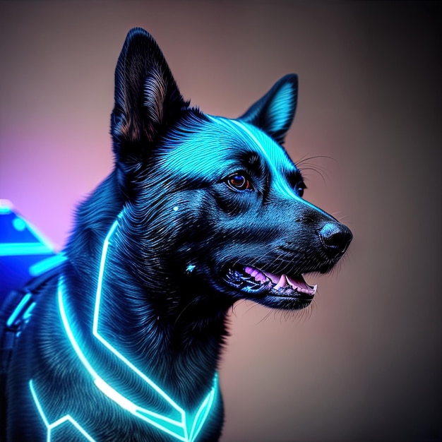 A futuristic dog with neon light glow in the dark