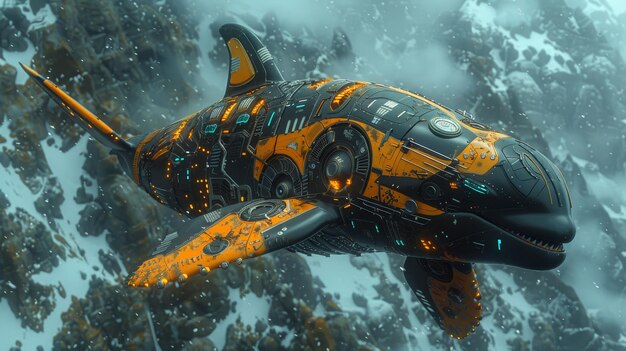 Futuristic DolphinShaped Spaceship Soaring Over Snowy Mountains