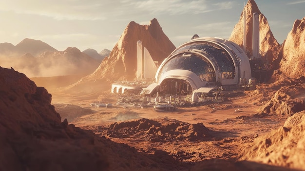 Photo futuristic dome colony on a red planet