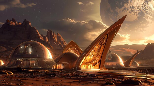 Photo futuristic dome houses on a red planet with a large planet in the background