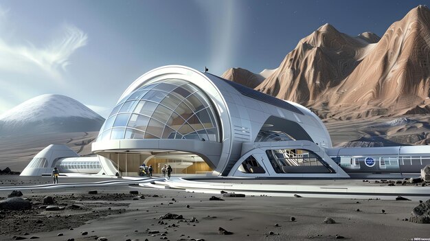 Photo a futuristic domed structure stands in a rocky mountainous landscape