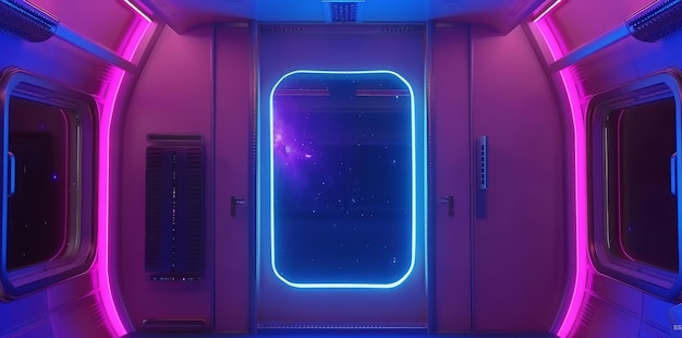 Photo futuristic door with a blue light neon view space future technology sci fi background