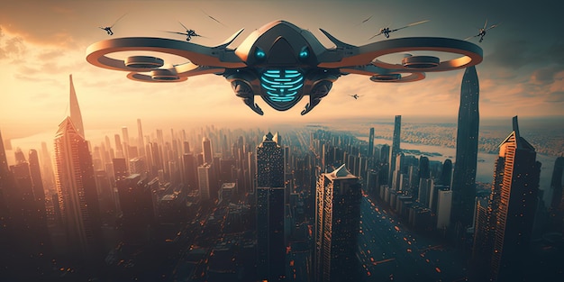 Futuristic drone flying over a big city AIGenerated