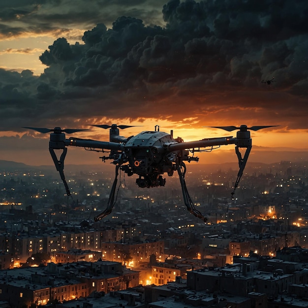 Futuristic Drone Flying over City at Sunset