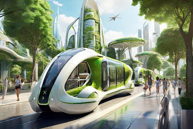 Futuristic eco city Sustainable mobility nature harmony sleek vehicles in green streets