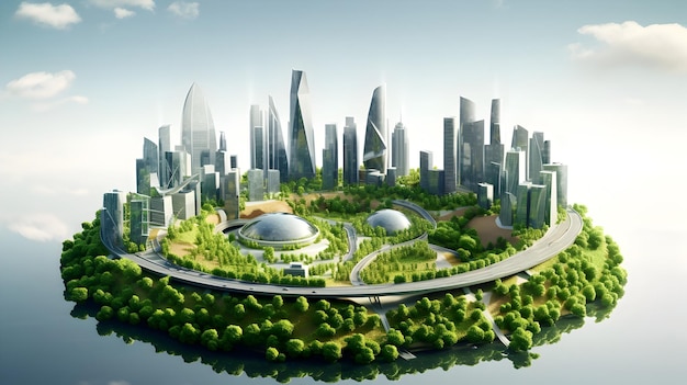 Futuristic EcoFriendly Corporate Skyline Showcasing Sustainable Solutions for the Future