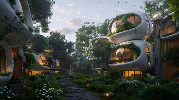 Futuristic EcoFriendly Homes in a Lush Green Forest