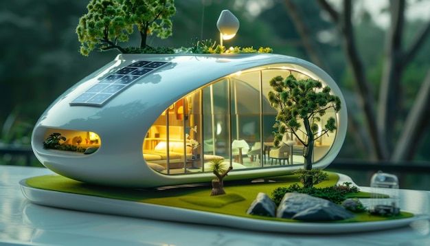 Futuristic ecofriendly miniature toy house with solar panels and greenery sustainable living