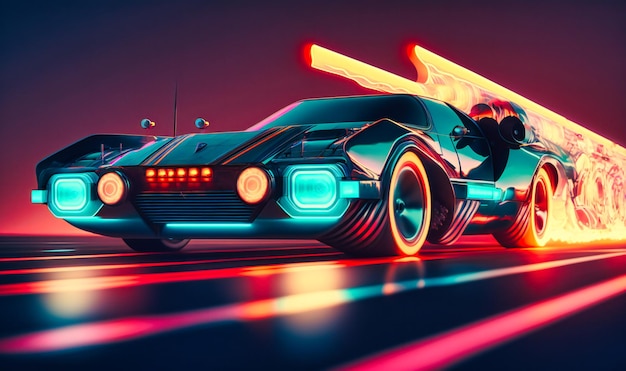 Futuristic and edgy a neonlined retro wave car zooms down the road a testament to the endless possibilities of technology