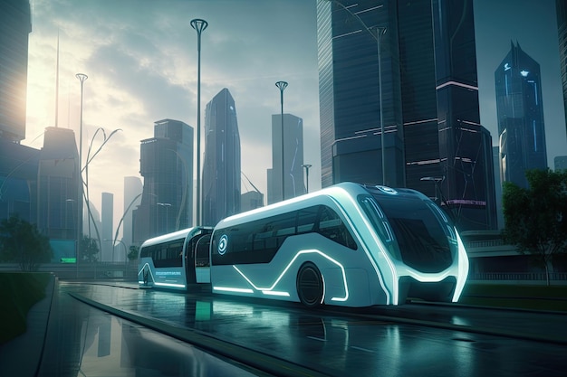 Futuristic electric bus approaching futuristic city with towering skyscrapers in the background