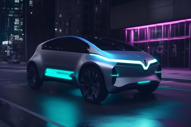 Futuristic electric car at charging spot at night and blurred city generative ai