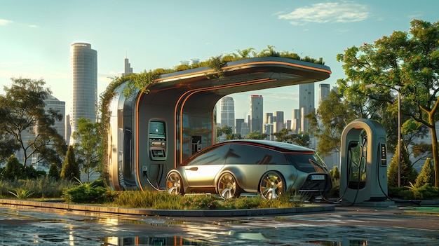 Futuristic electric car at a charging station with greenery and modern skyscrapers in the background