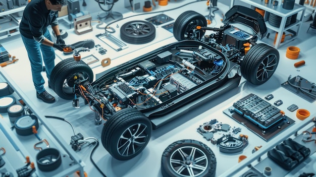 Futuristic Electric Car Chassis Assembly and Maintenance in a Modern Workshop