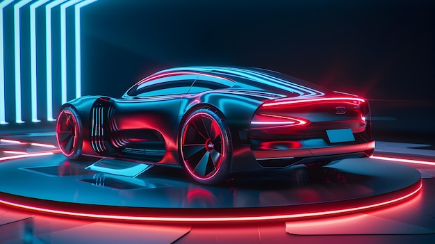 Futuristic Electric Car Design Showcased on Hightech Display Platform Amidst Neon Lights