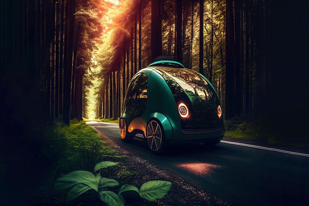 Futuristic electric car on highway in the forest Generative Ai