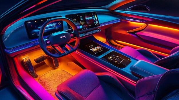 Photo futuristic electric car interior featuring innovative touchscreens and colorful ambient li